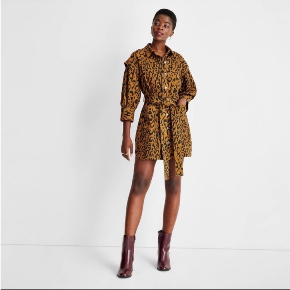 NWT Future Collective Kahlana Barfield Brown Leopard Long Sleeve Denim Dress